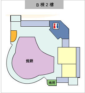 基隆市議會B棟2樓配置，包含餐廳、貴賓室、機房、簡報室一、簡報室二、逃生通道、電梯與樓梯、廁所。